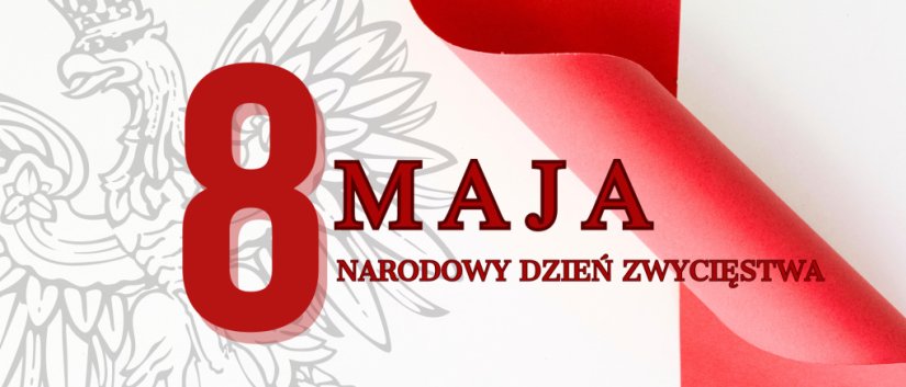 Napis 8 maja na białym tle z czerwoną wstęgą