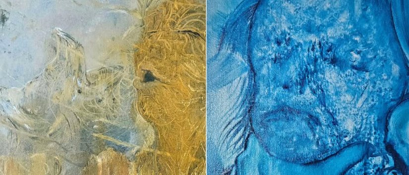 Dwie prace malarskie ukazujące powykrzywiane twarze, w jednej dominuje kolor żółty, w drugiej niebieski