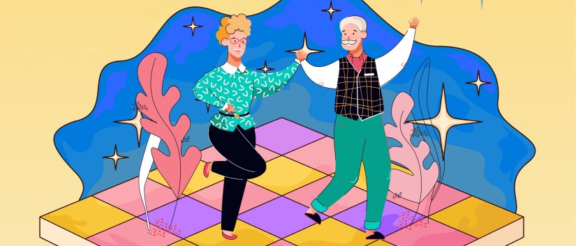 Rysunek tańczącej pary seniorów na kolorowym parkiecie, za nimi żółte i niebieskie tło