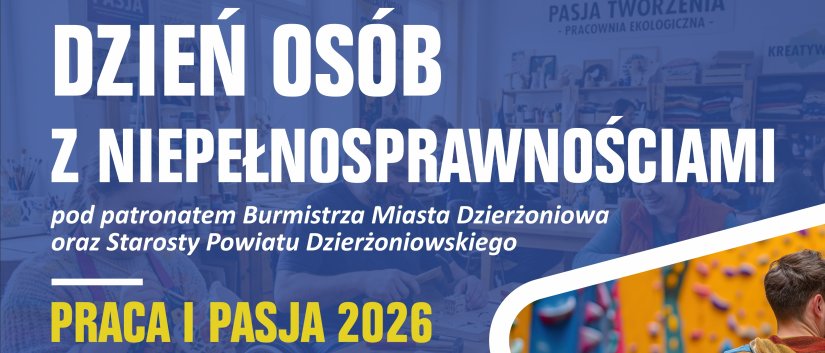 Biały napis Dzień Osób z Niepełnosprawnościami na niebieskim tle