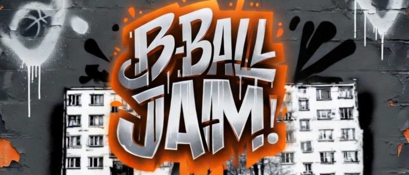 Plakat wydarzenia z grafiiti bloków i napisem B-Ball Jam