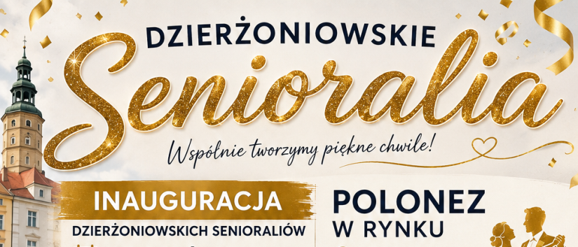 Olakat wydarzenia w złoto-białych barwach ze zdjęciem młodzierzy i seniorów tańczących poloneza