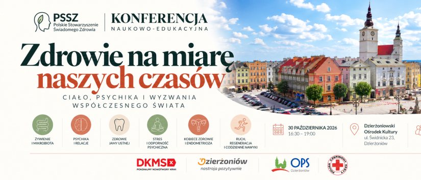 Grafika z napisem "Zdrowie na miarę naszych czasów i zdjęcie dzierżoniowskiego rynku"